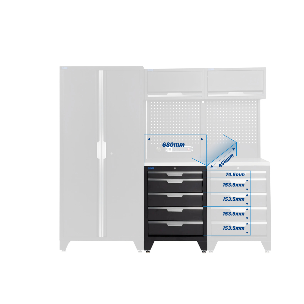 SGS 7pc Modular Garage Storage | 10 Drawers | Stainless Steel Worktop | 2x Upper Cabinets | Tall Double Cabinet | Pegboard with Power Strip